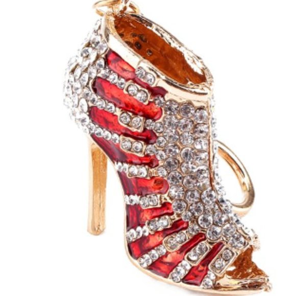 NWT Rhinestone Purse Charm Key Fob Chain Ring Red Shoe Gold Tone Crystal & Gold - Picture 2 of 6